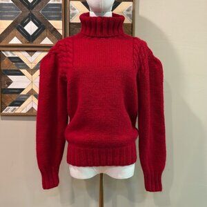 Vintage Ralph Lauren Hand Knit Wool Puff Sleeve Turtleneck Sweater Red Large